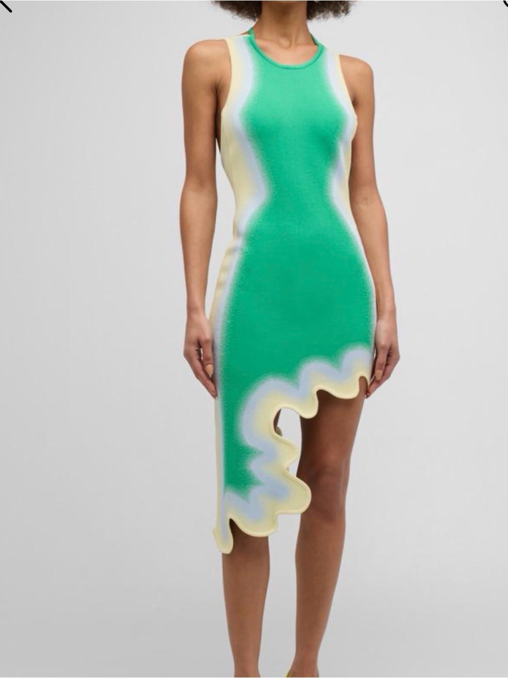 PH5 Green Asymmetric Ruffle Knit Dress with Cream and Yellow Accents